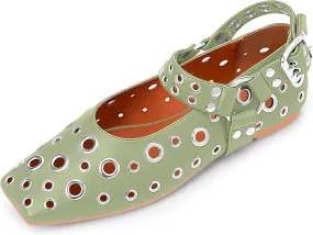 100FIXEO Women's Buckle Ballet Flats Punk Square Toe Studded Grommet Mary Jane Shoes