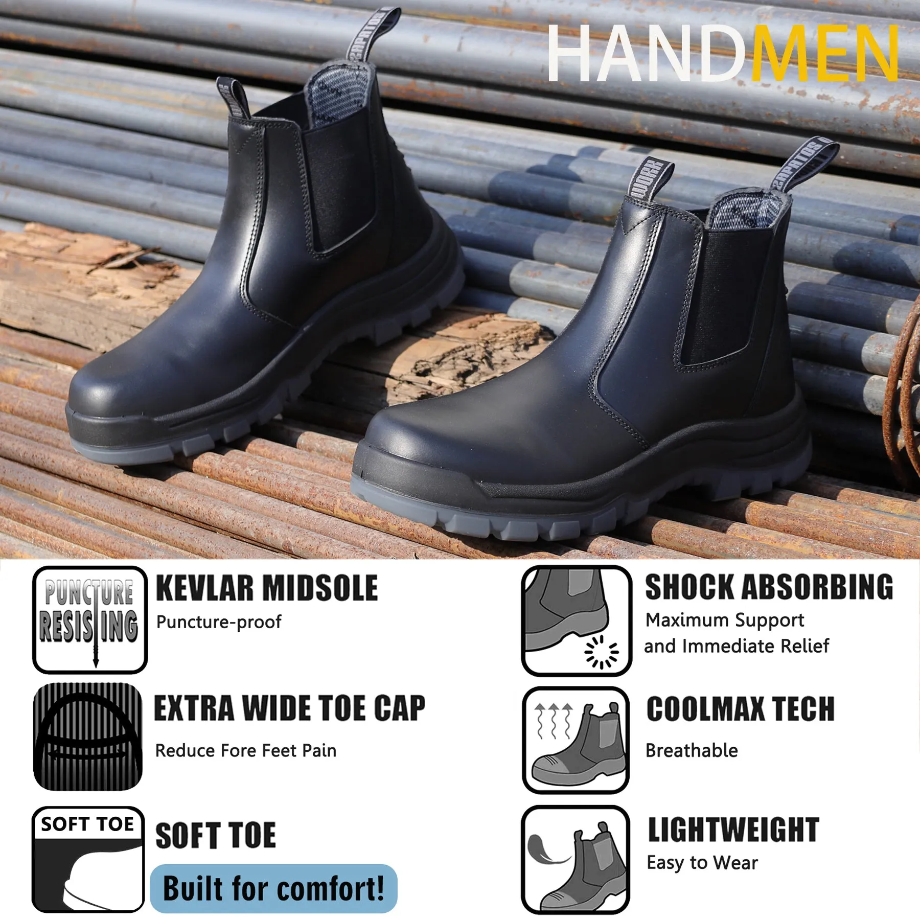 80N05 Soft Toe 6" Waterproof Mens Work Boots, Non-Slip Puncture-Proof Safety Anti-Static Working Shoes