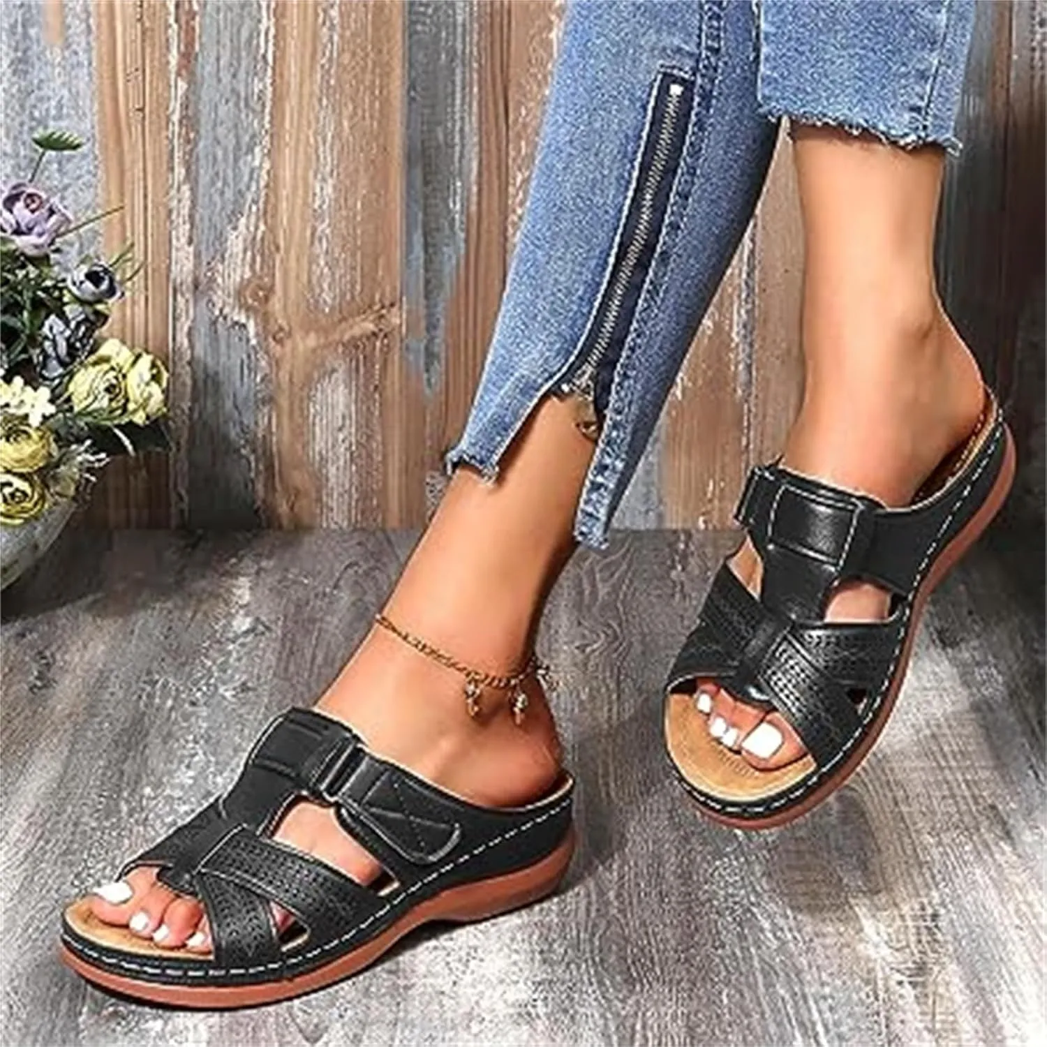 BBPM Sandals for Women Casual Summer Orthotic Flat Sandals Arch Support Plantar Fasciitis Sandals Open Toe Comfort Soft Sole Sandals Summer Casual Beach Slip on Shoes