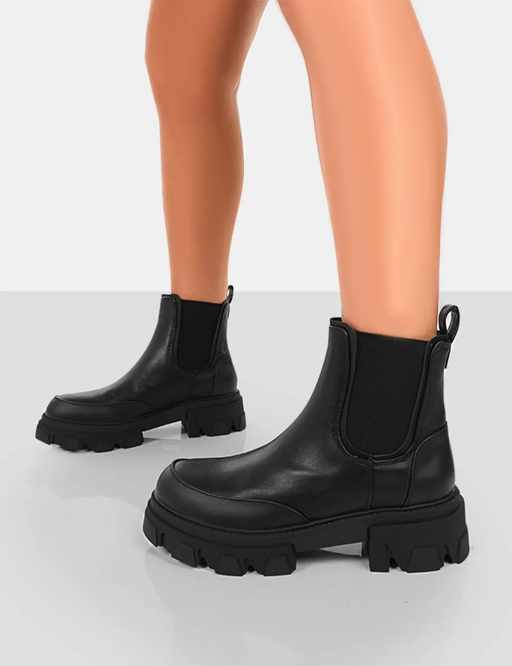 By Midnight Black Pu Chunky Sole Chelsea Boots