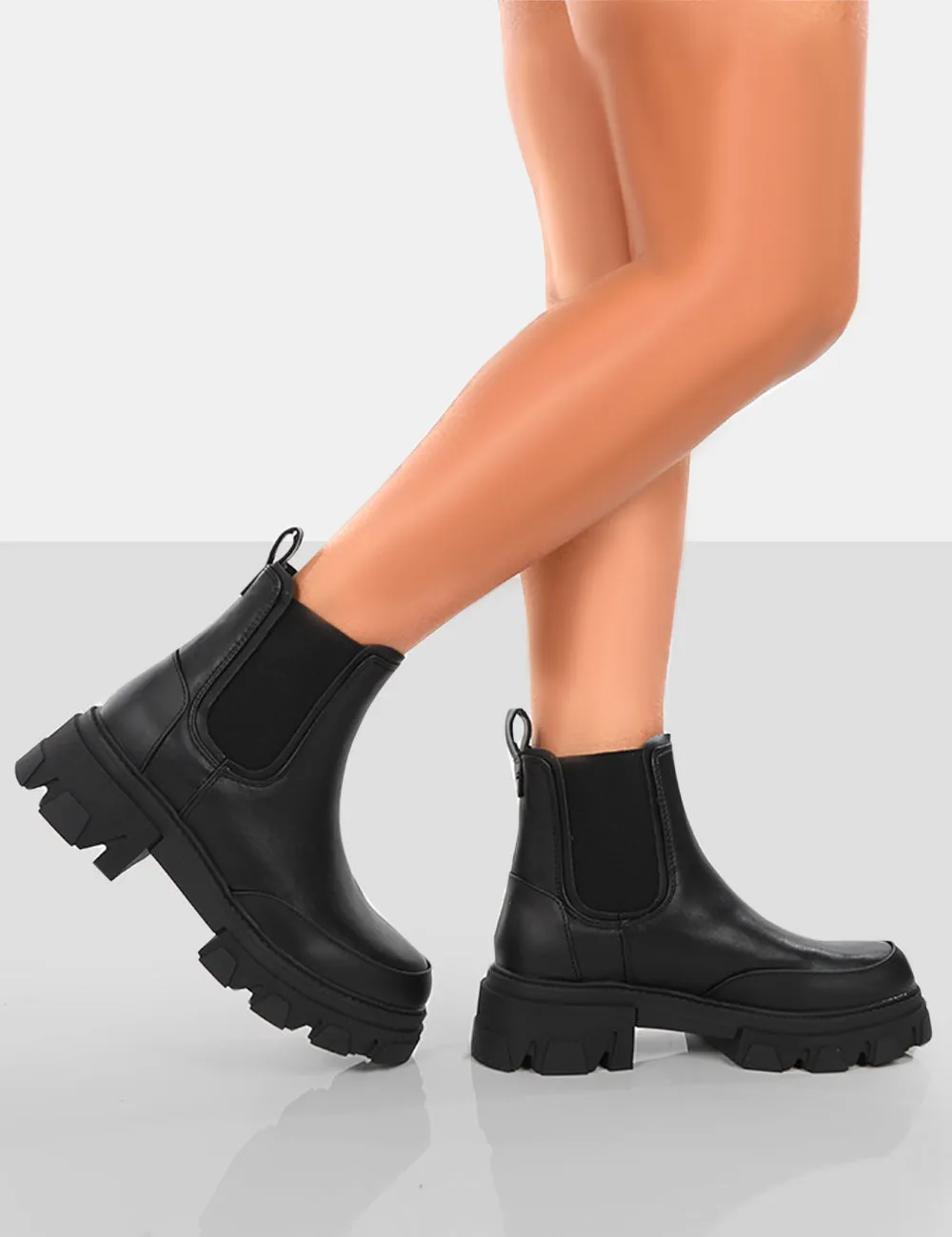 By Midnight Black Pu Chunky Sole Chelsea Boots