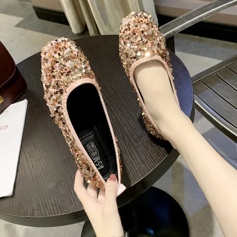 COMEMORE Luxury Sequins Non-slip Ballet Flat Shoes