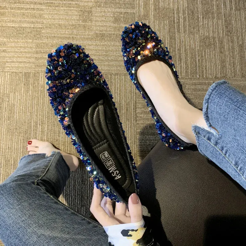 COMEMORE Luxury Sequins Non-slip Ballet Flat Shoes