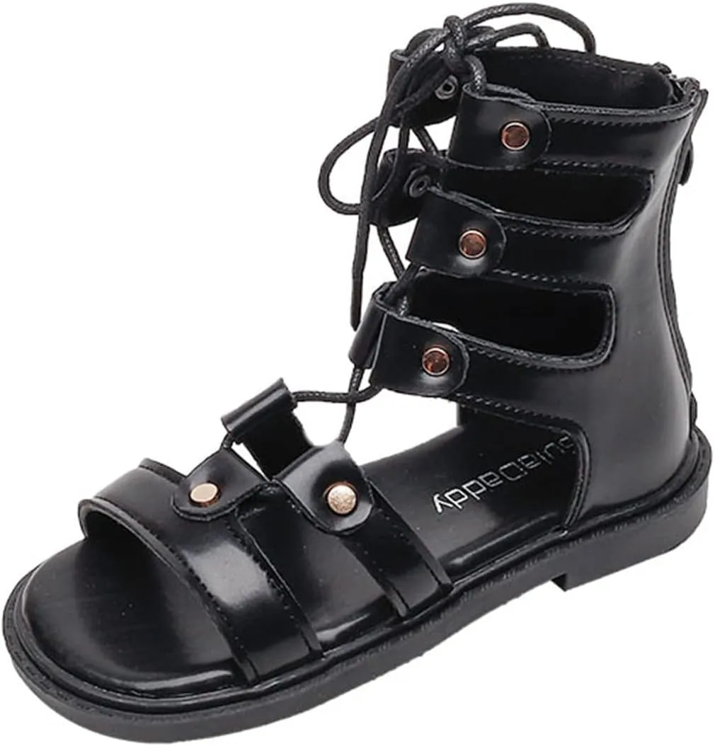 Girls Toddler/Little Kid/Big Kid High Top Sandals Adjustable Rope Straps Sandals Zipper Summer (Black, 12 Little Child)