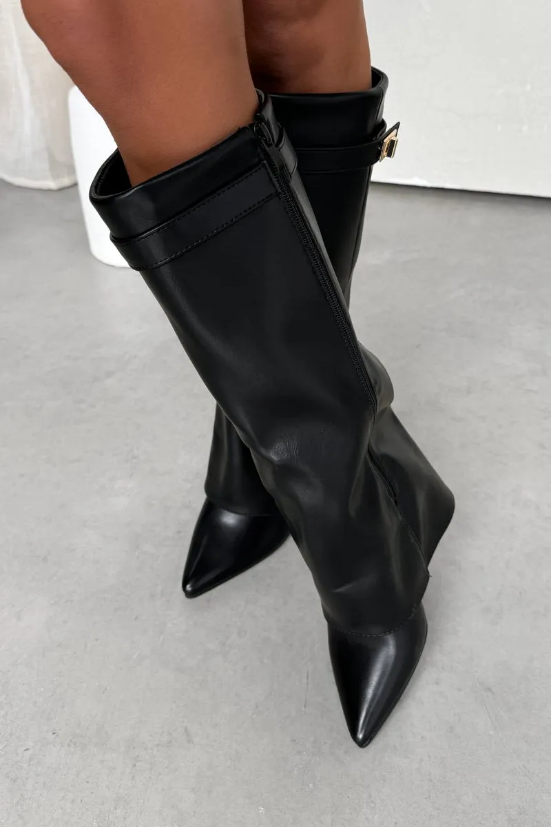 GWEN Flared Knee High Boots - Black PU