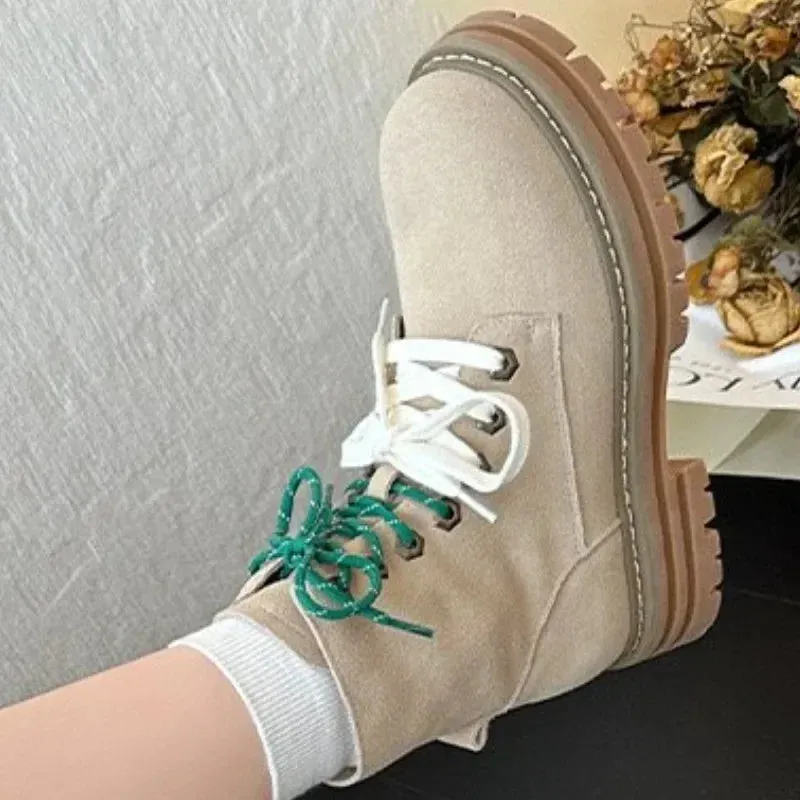 Joskaa 2024 Cow Leather Quality Women Shoes Autumn Winter Square Med Heel Ankle Boots Lace Up Zipper Ladies Pumps Size 35-40