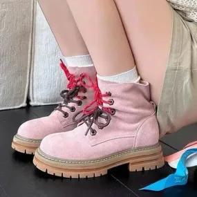 Joskaa 2024 Cow Leather Quality Women Shoes Autumn Winter Square Med Heel Ankle Boots Lace Up Zipper Ladies Pumps Size 35-40