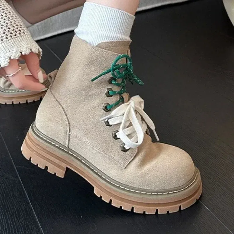 Joskaa 2024 Cow Leather Quality Women Shoes Autumn Winter Square Med Heel Ankle Boots Lace Up Zipper Ladies Pumps Size 35-40