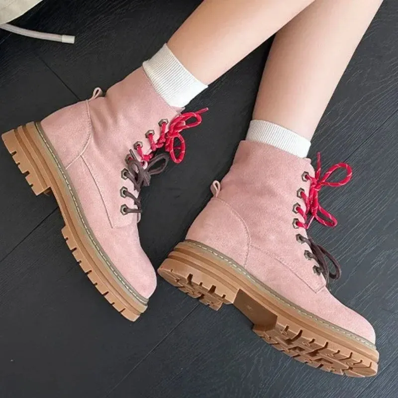 Joskaa 2024 Cow Leather Quality Women Shoes Autumn Winter Square Med Heel Ankle Boots Lace Up Zipper Ladies Pumps Size 35-40