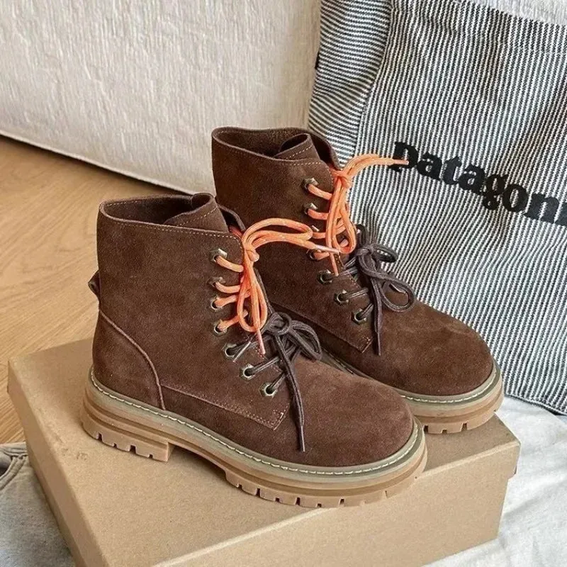 Joskaa 2024 Cow Leather Quality Women Shoes Autumn Winter Square Med Heel Ankle Boots Lace Up Zipper Ladies Pumps Size 35-40