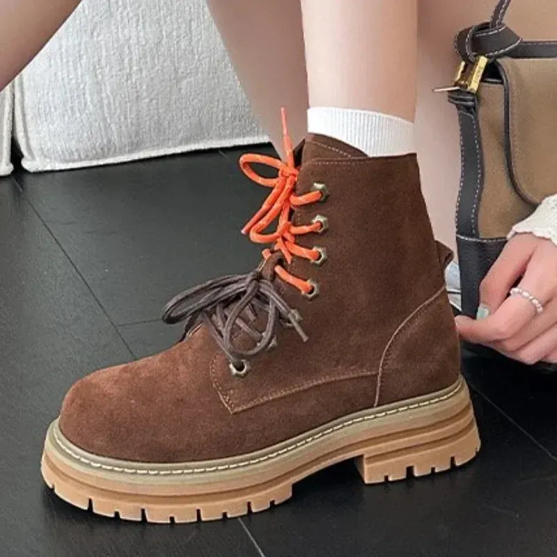 Joskaa 2024 Cow Leather Quality Women Shoes Autumn Winter Square Med Heel Ankle Boots Lace Up Zipper Ladies Pumps Size 35-40