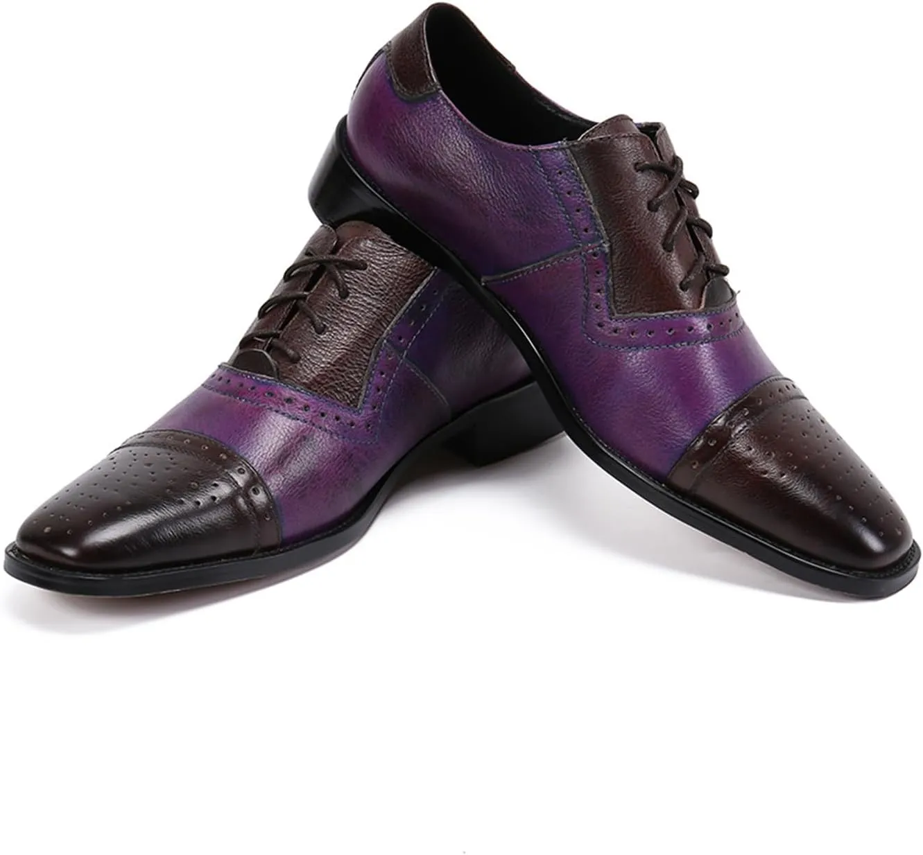 Men's Leather Shoes, Lace-Up Brogue Shoes Genuine Leather Large Size Stitch Low Top Pointed Toe Breathable Comfortable Casual Shoes
