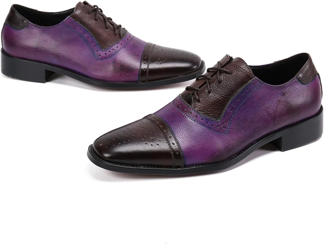 Men's Leather Shoes, Lace-Up Brogue Shoes Genuine Leather Large Size Stitch Low Top Pointed Toe Breathable Comfortable Casual Shoes