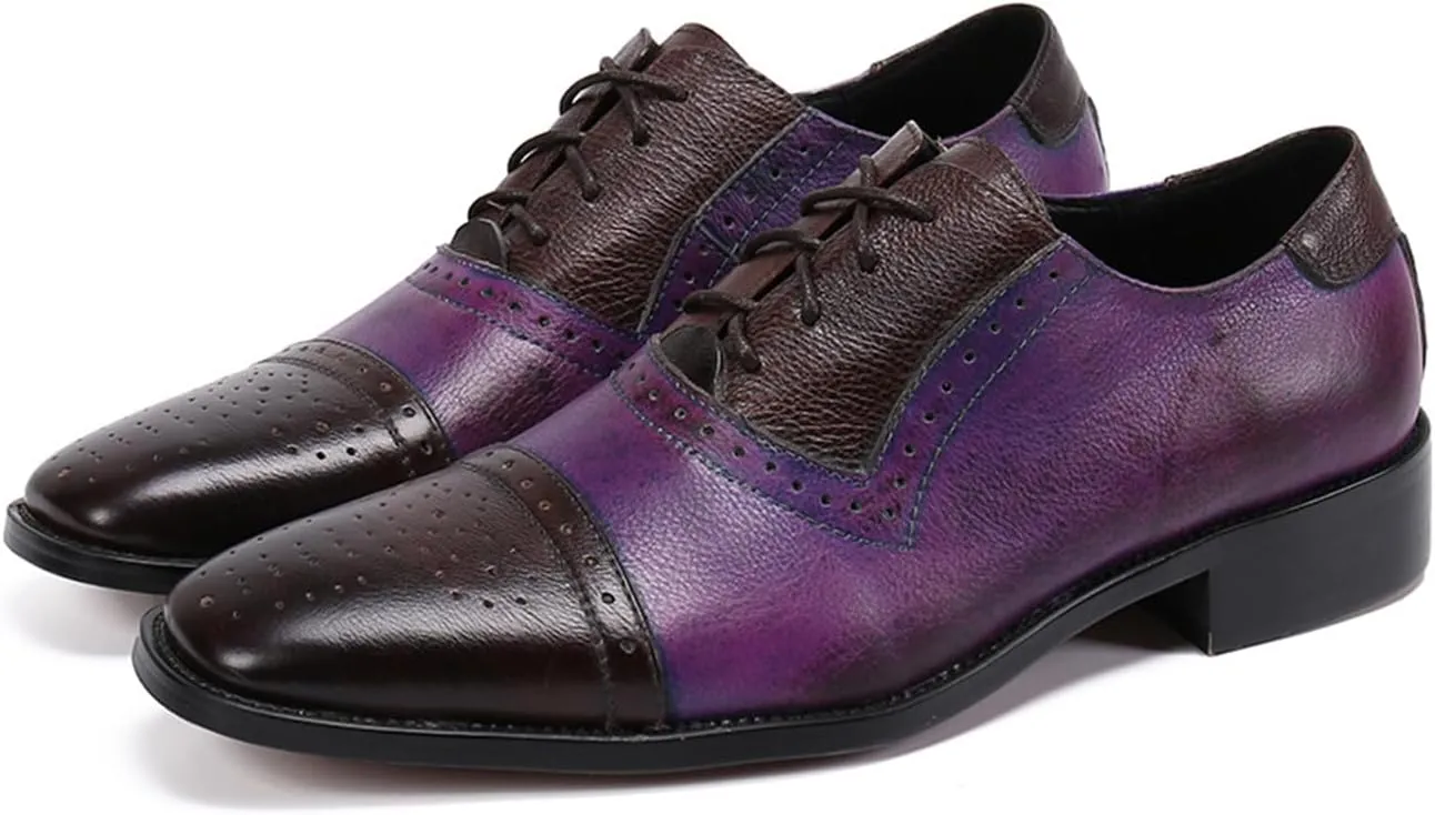 Men's Leather Shoes, Lace-Up Brogue Shoes Genuine Leather Large Size Stitch Low Top Pointed Toe Breathable Comfortable Casual Shoes
