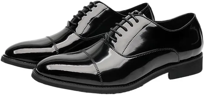 Men's Patent Leather Oxford Shoes - Stylish Formal Dress Shoes for Wedding, Party, Office Classical Style Shoes for Men Slip On Leather Low Rubber Sole Block Heel Work Mens Leather Buckle Shoes