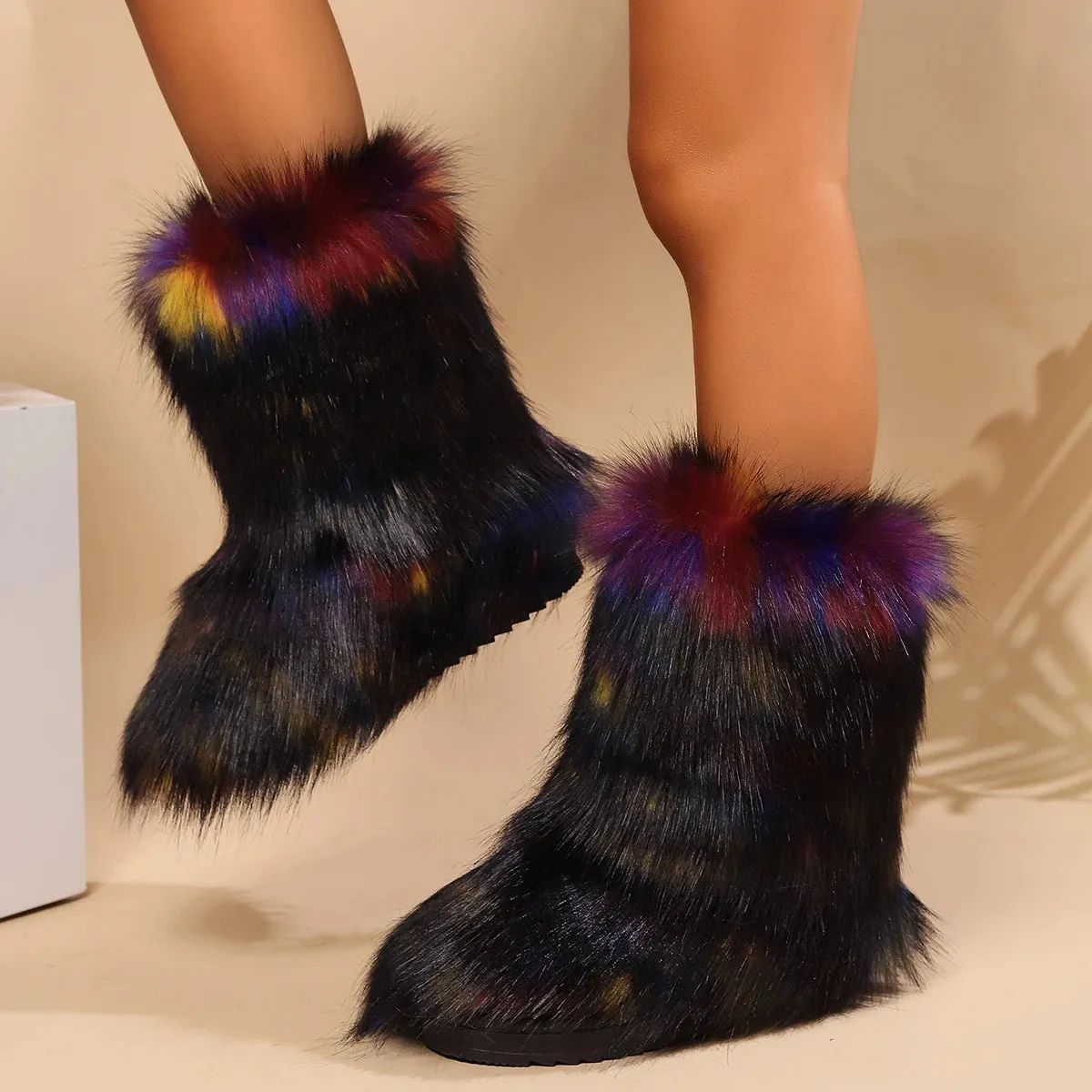 New Women's Winter Snow Boots Outdoor Luxury Furry Faux Fox Fur New Fashion Boots WomanPlush Warm Platform Shoes Bottes