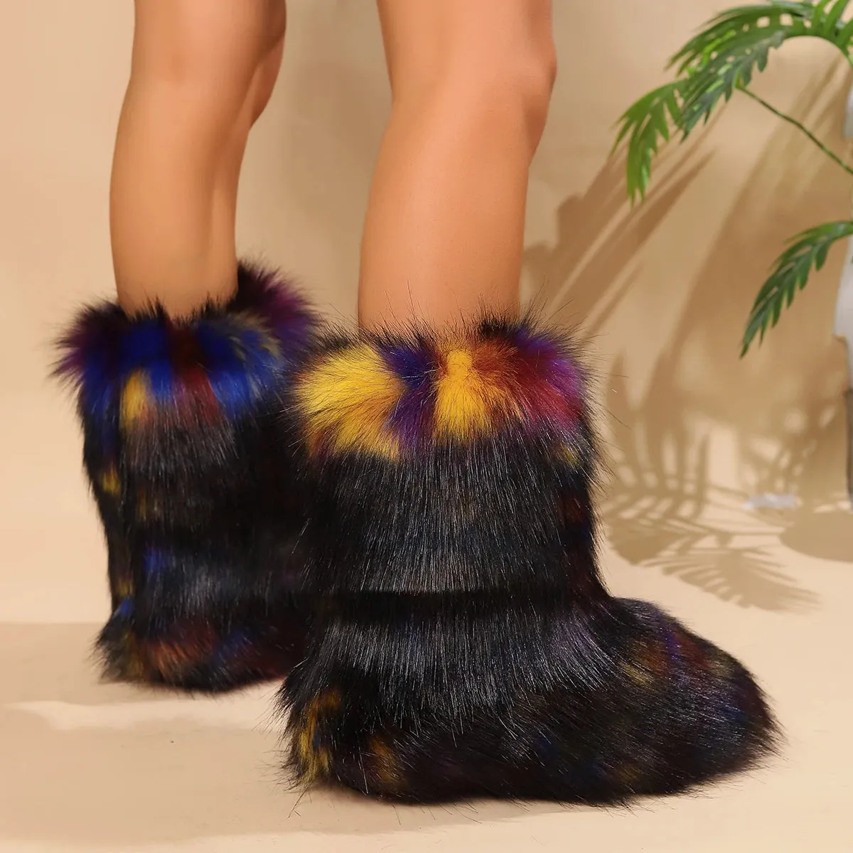 New Women's Winter Snow Boots Outdoor Luxury Furry Faux Fox Fur New Fashion Boots WomanPlush Warm Platform Shoes Bottes
