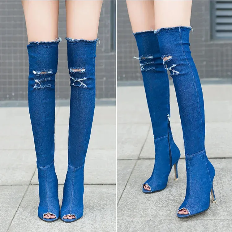 Over the knee denim ripped open toe boots