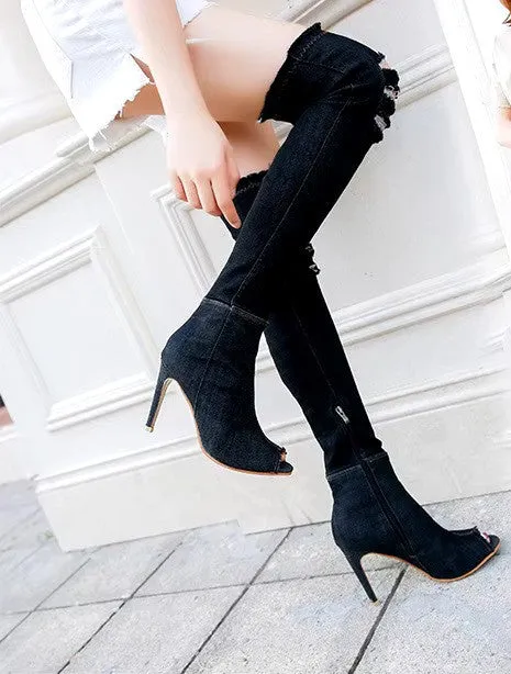 Over the knee denim ripped open toe boots