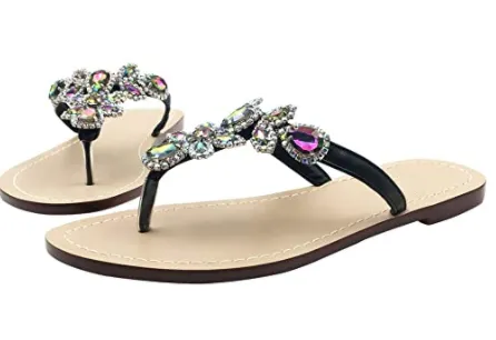 Rhinestone Flip Flop Jeweled Sandals - Black Multi