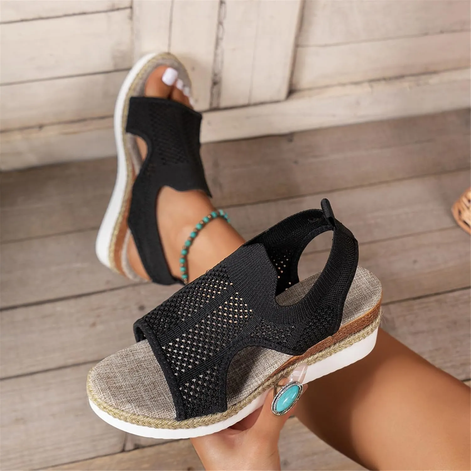 Wedge Sandals Comfortable Dressy Casual Platform Sandals Knit Open Toe Hollow Out Mesh Non Slip Sandal Concise Casual Shoes for Summer and Daily Wear