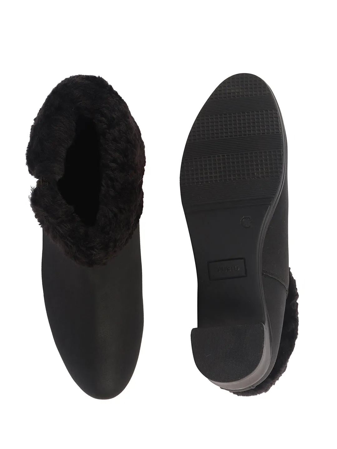 Women Black High Ankle Flared Heel Side Zipper Winter Classic Fur Boots|Outdoor Boots|Work Boot