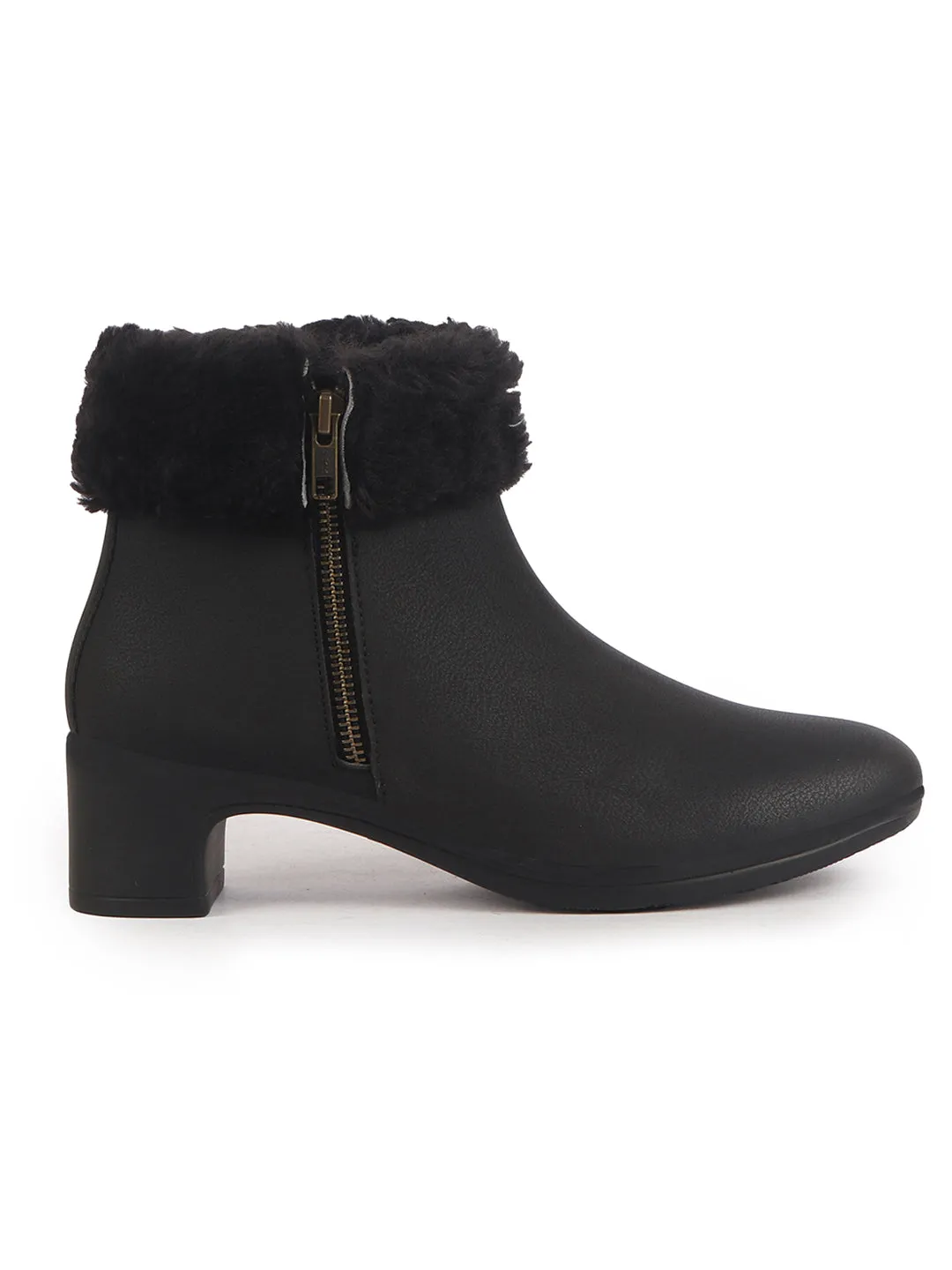 Women Black High Ankle Flared Heel Side Zipper Winter Classic Fur Boots|Outdoor Boots|Work Boot
