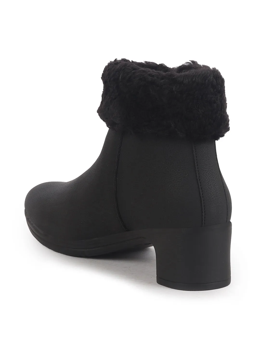 Women Black High Ankle Flared Heel Side Zipper Winter Classic Fur Boots|Outdoor Boots|Work Boot