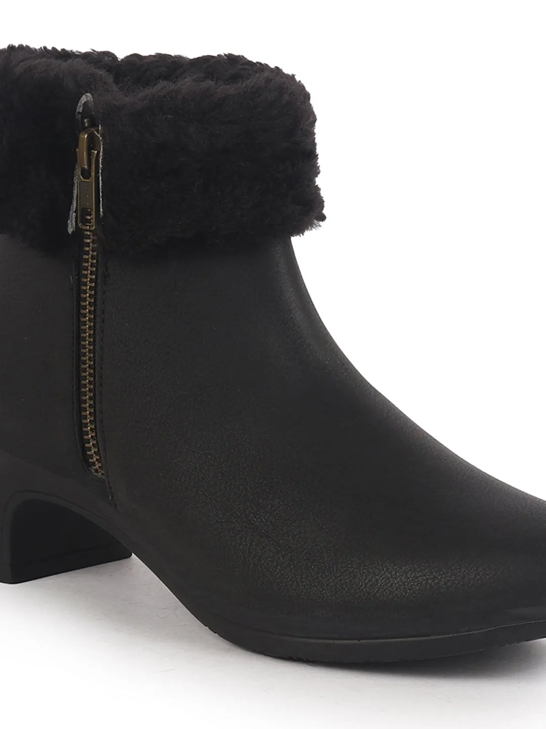 Women Black High Ankle Flared Heel Side Zipper Winter Classic Fur Boots|Outdoor Boots|Work Boot