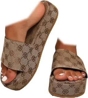 Women's Canvas Platform Slides Sandals Comfortable Open Toe Summer Beach Sandals Casual Walking Slippers