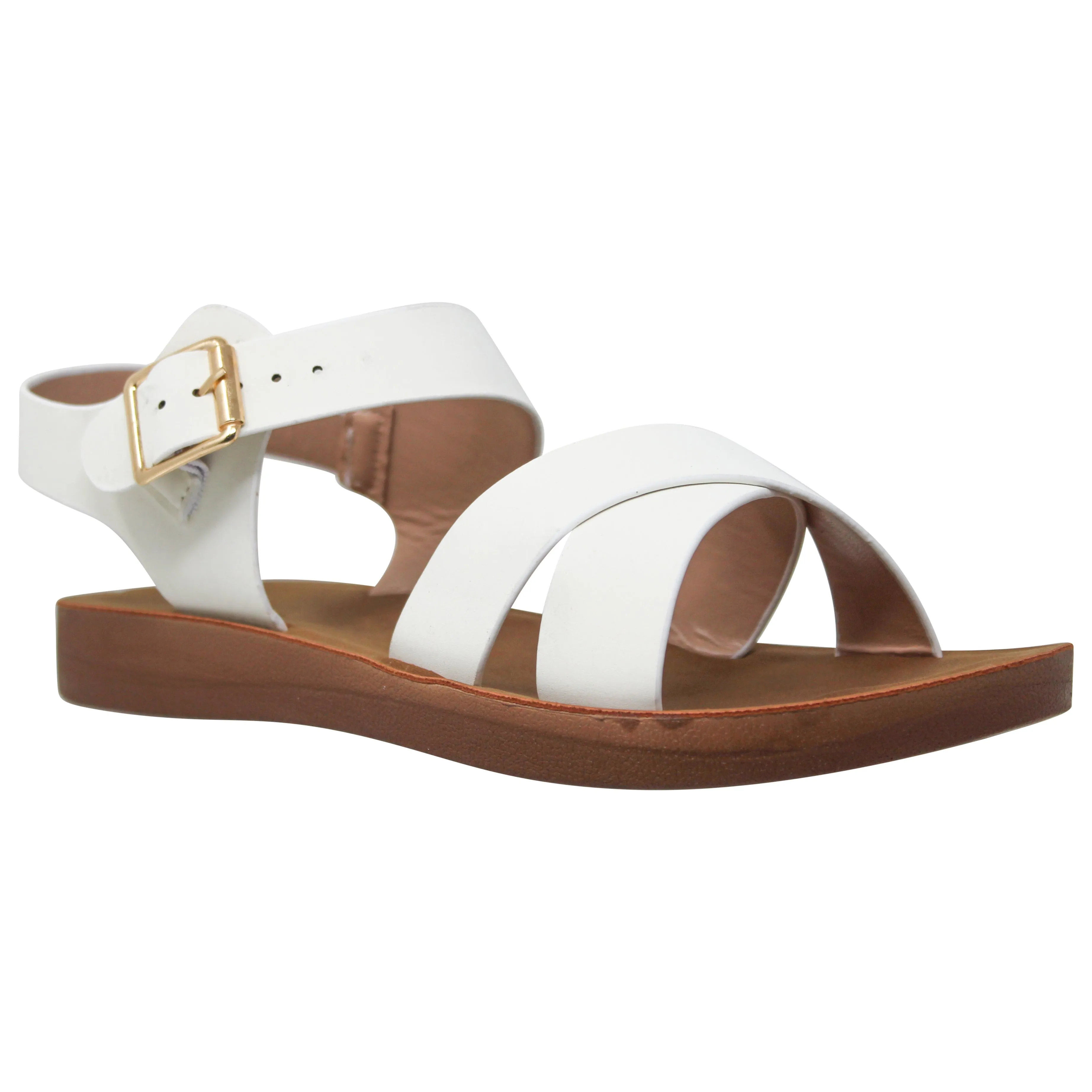 Women's Flatform Sandals X-Cross Ankle Strap Gold Buckles White