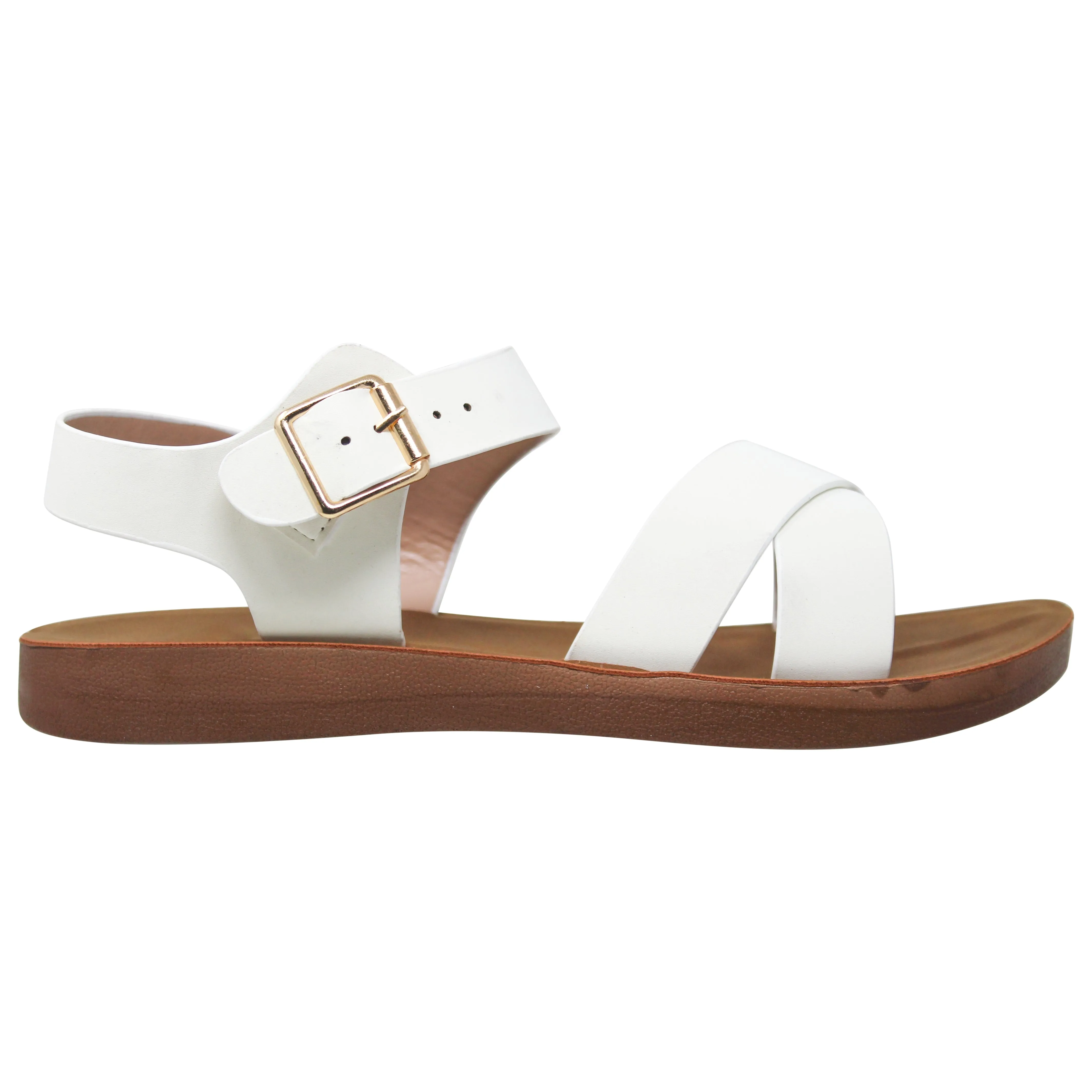 Women's Flatform Sandals X-Cross Ankle Strap Gold Buckles White