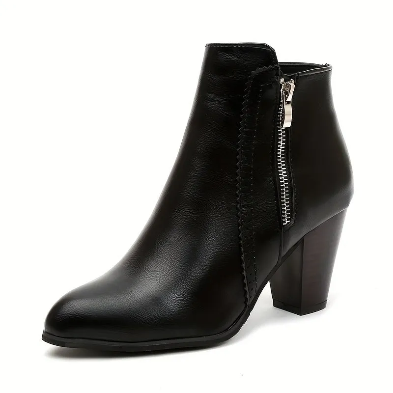 Women's Solid Color Trendy Boots, Side Zipper Comfy Chunky Heel Ankle Boots, Winter Soft Sole Casual Boots